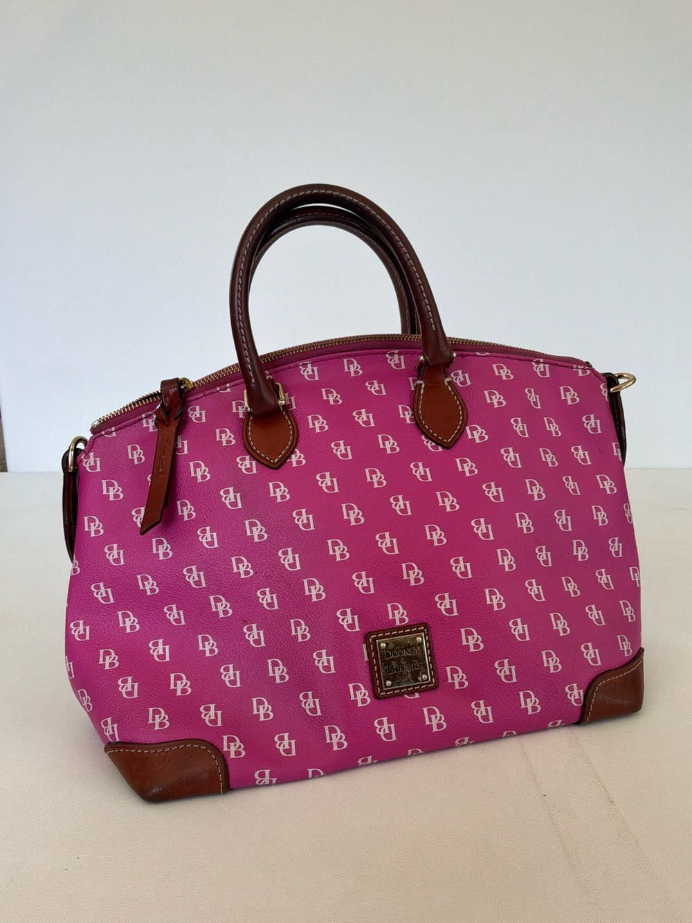 Dooney & Bourke Pink DB Monogram Satchel Top Handle Handbag Purse Leather Trim - Picture 11 of 14